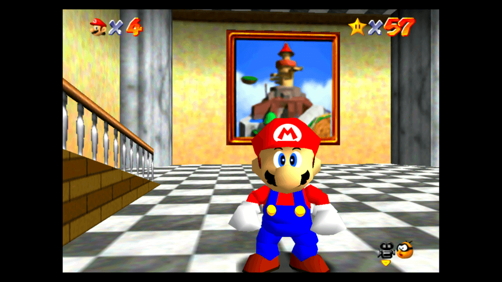 Super Mario 3D All-Stars Os jogos são os mesmos em Super Mario 3D All-Stars, mas as texturas estão melhores, como a letra M do chapéu de Mario e as imagens nos quadros. (Imagem: Reprodução)