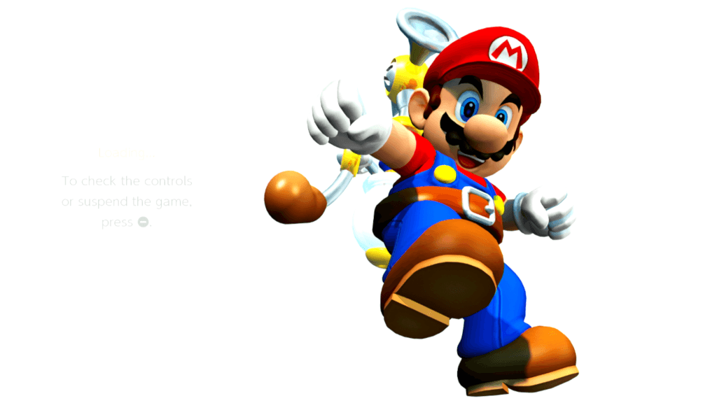 Super Mario 3D All-Stars Mario tem a bomba de água FLUDD equipada durante a maior parte da aventura em Super Mario Sunshine. (Imagem: Reprodução)