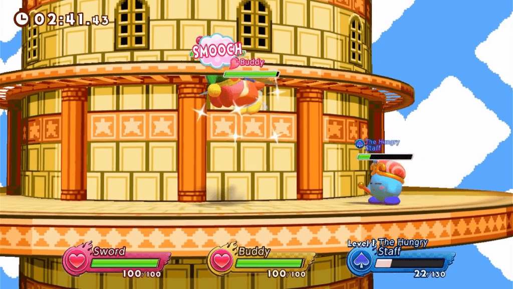 kirby fighters 2 Achou um pedaço de comida para recuperar energia? Corra até seu parceiro e um rápido beijo distribui a saúde entre os lutadores. (Imagem: Reprodução)
