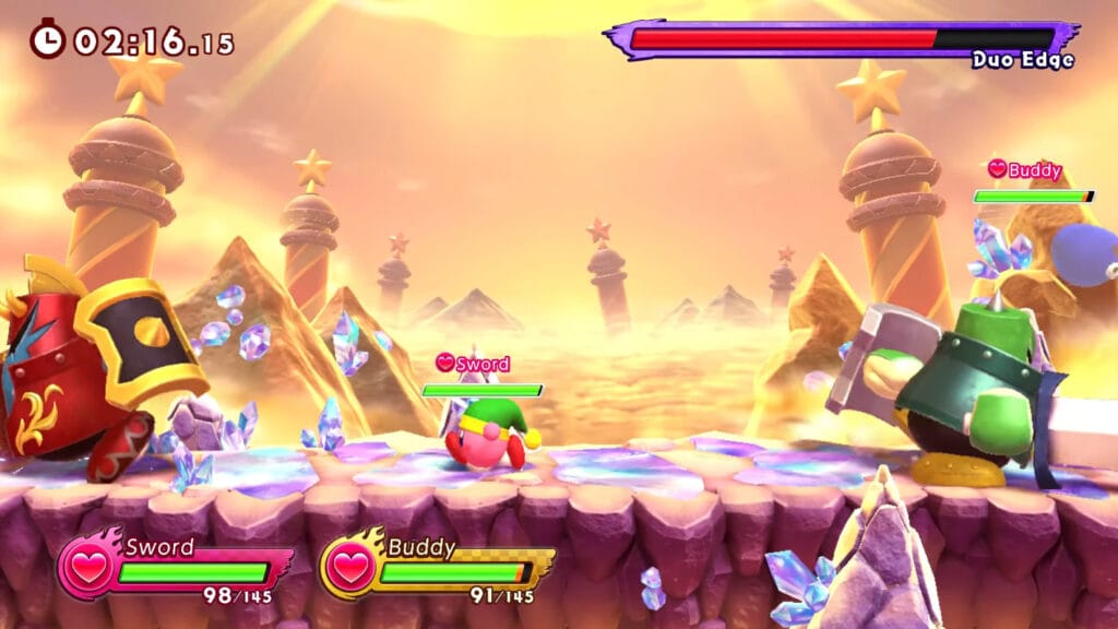 kirby fighters 2 Prepare-se para enfrentar chefes em duplas e, às vezes, seu parceiro controlado pela CPU ficará boiando sem saber o que fazer. (Imagem: Reprodução)