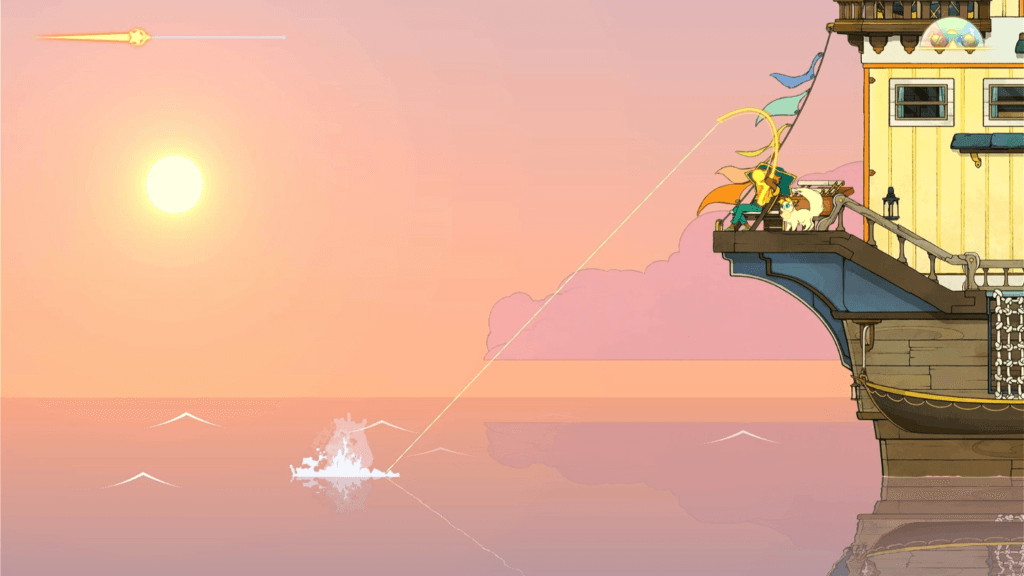 Spiritfarer A linha no canto superior indica o percurso da viagem marcada. À noite, seu barco para para os espíritos dormirem tranquilos. (Imagem: Reprodução)