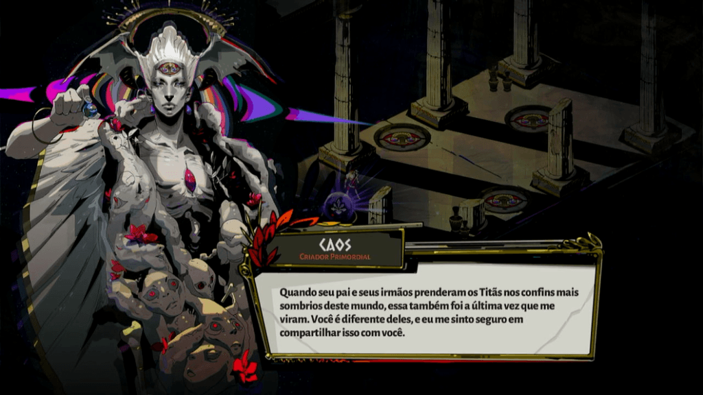 Hades Caos é a personificação do vazio que existia antes da criação de tudo – suas bênçãos vêm ao custo de sangue, mas são muito potentes. (Imagem: Reprodução)