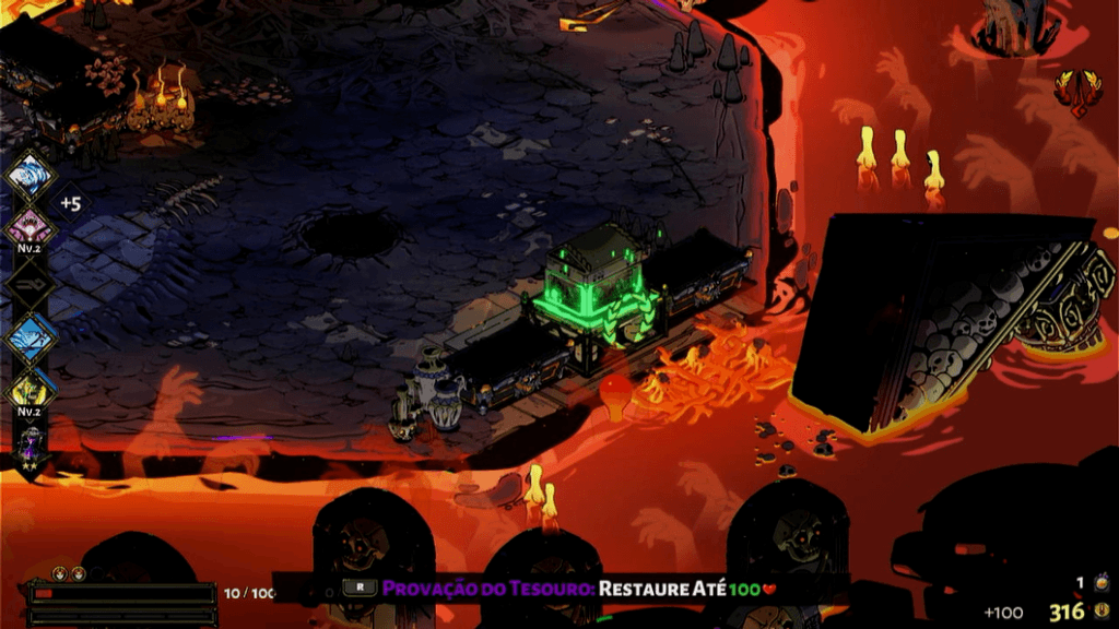 Hades Algumas salas trazem uma Provação do Tesouro. A escolha é sua se o risco vale o prêmio. (Imagem: Reprodução)