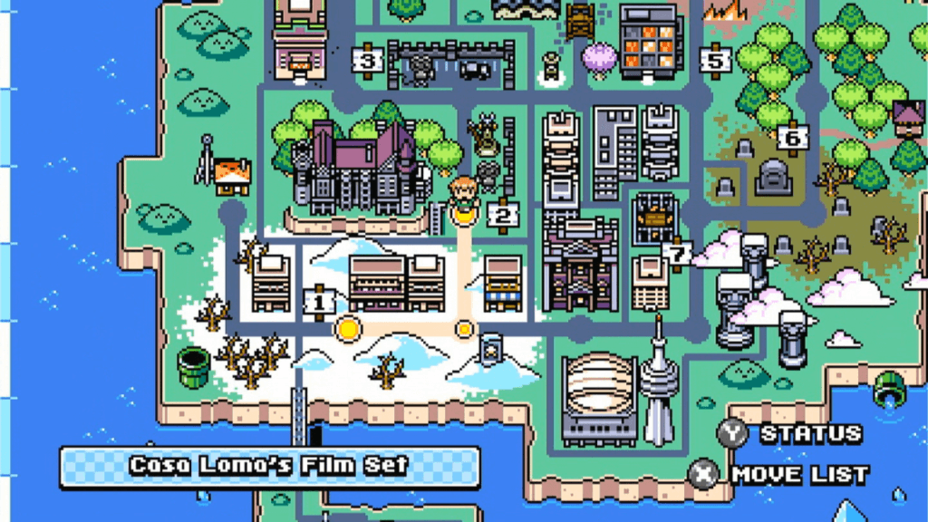 Scott pilgrim Scott Pilgrim vs. the World: The Game é cheio de referências, como este mapa-múndi, que lembra o mapa do jogo de um certo encanador italiano... (Imagem: Reprodução\Switch)