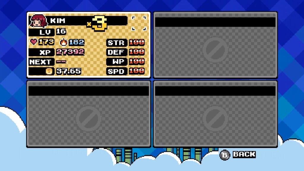 Scott pilgrim Scott Pilgrim vs. the World: The Game - Complete Edition incorpora elementos de RPG e cada um dos sete personagens pode chegar ao nível 16. (Imagem: Reprodução/Switch)