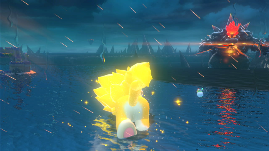 super mario 3d world Apenas em Bowser's Fury você terá a oportunidade de ver Mario e Bowser lutando como se Goku enfrentasse Godzilla. (Imagem: Reprodução/Nintendo Switch na doca)