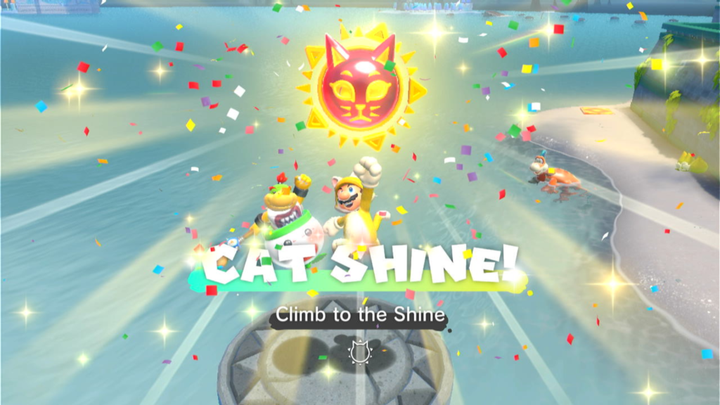super mario 3d world Cem Cat Shines estão espalhados pelas ilhas de Bowser's Fury. (Imagem: Reprodução/Nintendo Switch na doca)