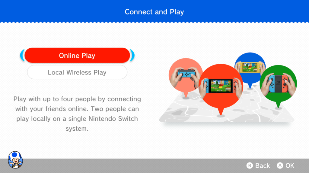 super mario 3d world Jogue pela internet, pela rede ou na mesma televisão com até mais três pessoas. A experiência online depende da qualidade do provedor de internet dos jgoadores. (Imagem: Reprodução)