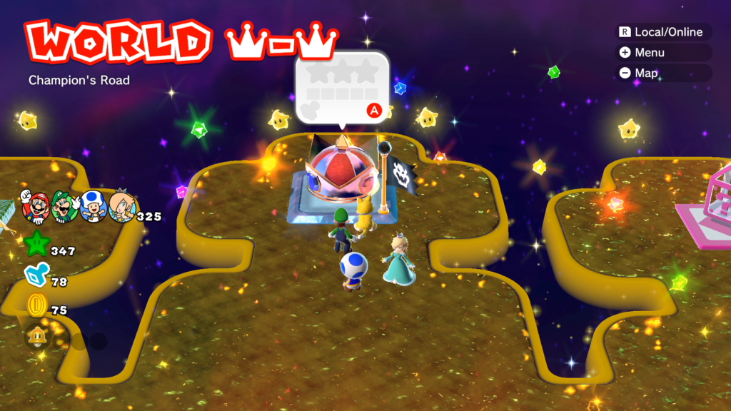 super mario 3d world Quatro jogadores podem tornar uma fase simples em algo caótico. (Imagem: Reprodução/Nintendo Switch na doca)