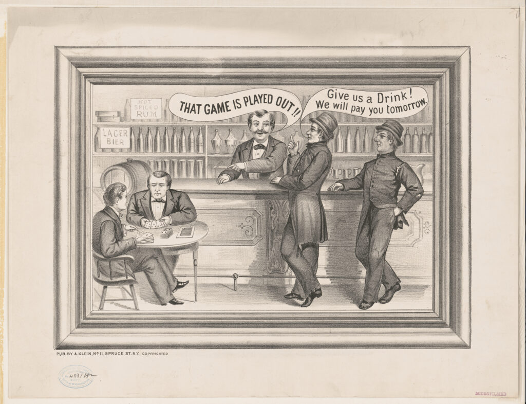 gênero As complicadas traduções. "Nos dê bebida, pagamos amanhã!"; "Essa é velha!" (Imagem: Domínio Público / Biblioteca do Congresso dos EUA)