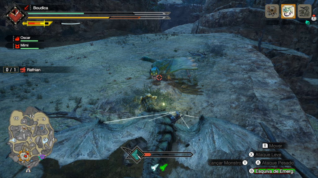 Monster Hunter Rise Monte outras criaturas para lutar contra o seu alvo e enfraquecê-lo. (Imagem: Reprodução/Nintendo Switch)