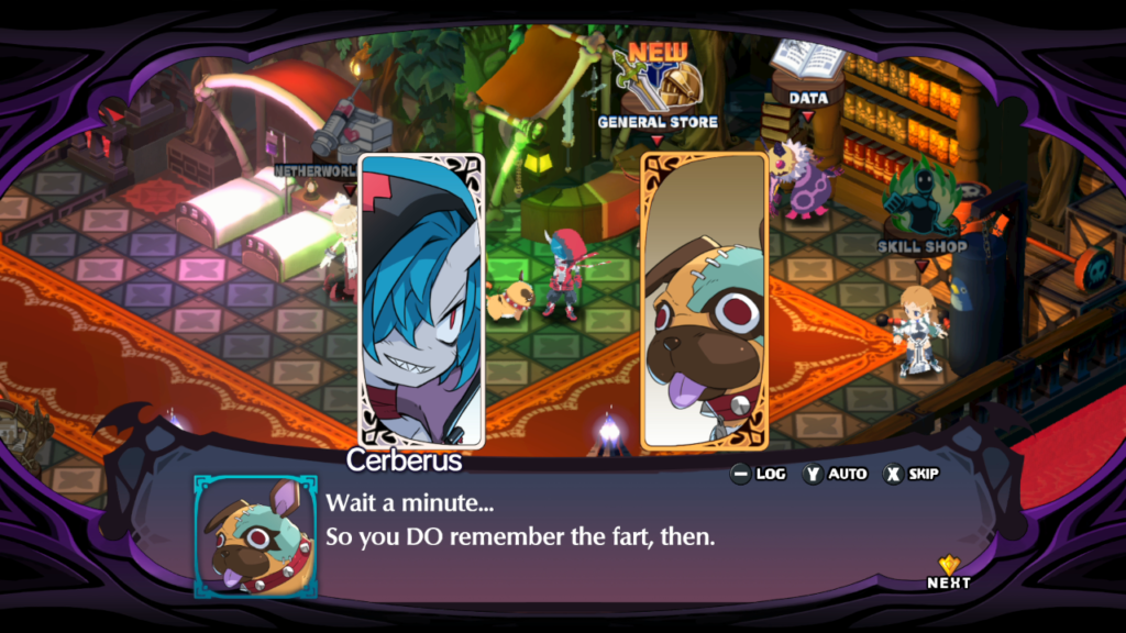 Disgaea 6 Uma piadola escatológica aqui, outra sobre o cérebro afetado de um zumbi ali. (Imagem: Reprodução/Nintendo Switch)