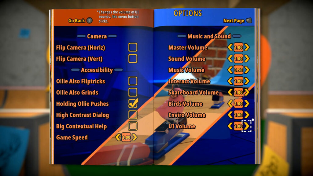 SkateBird Apesar dos problemas, os desenvolvedores incluíram várias opções de acessibilidade e de configuração. (Imagem: Reprodução/Switch)