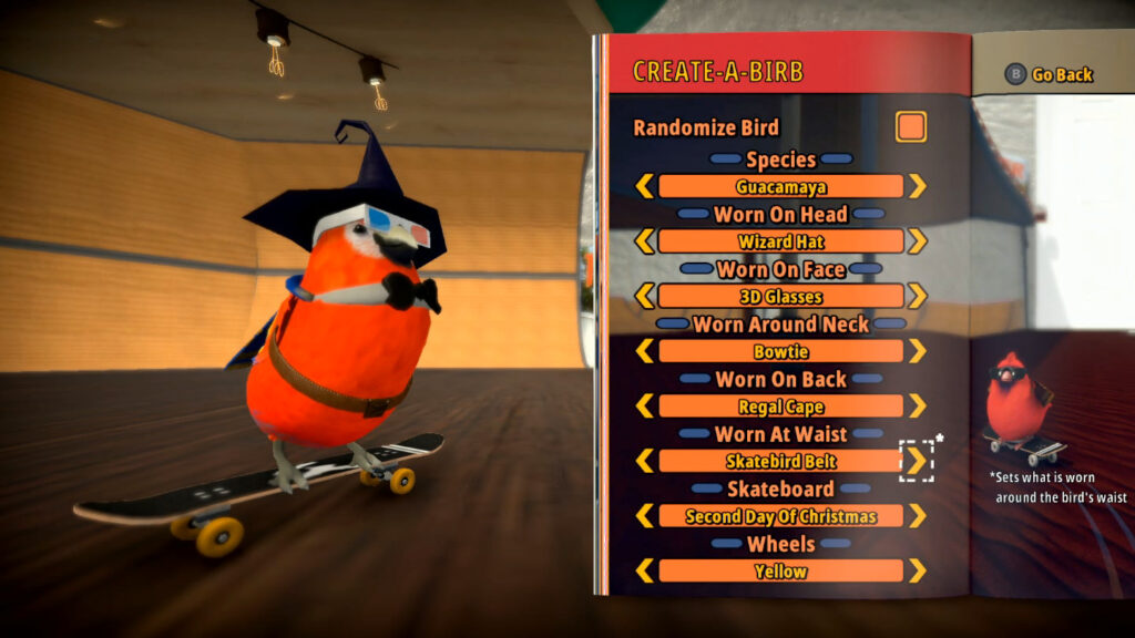 SkateBird Existem diversas peles (skins) de pássaros diferentes que vão desde corujas, até canarinhos e araras. (Imagem: Reprodução/Switch)