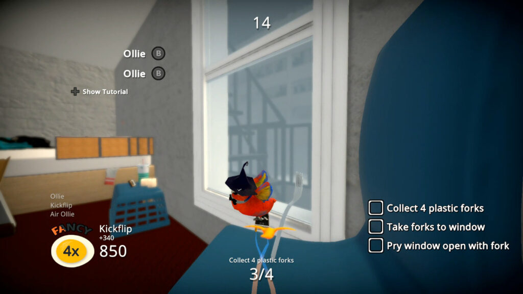 SkateBird Os tutoriais são rapidinhos e o jogo conta com um salto duplo (um segundo ollie). (Imagem: Reprodução/Switch)