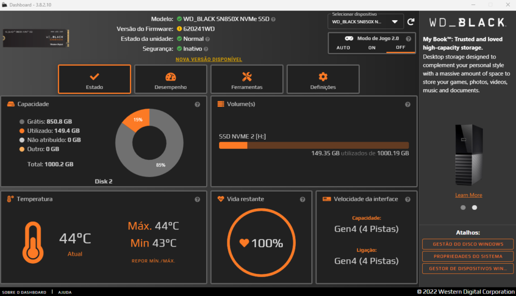 desempenho do pc SSD WD_BLACK SN850X NVMe