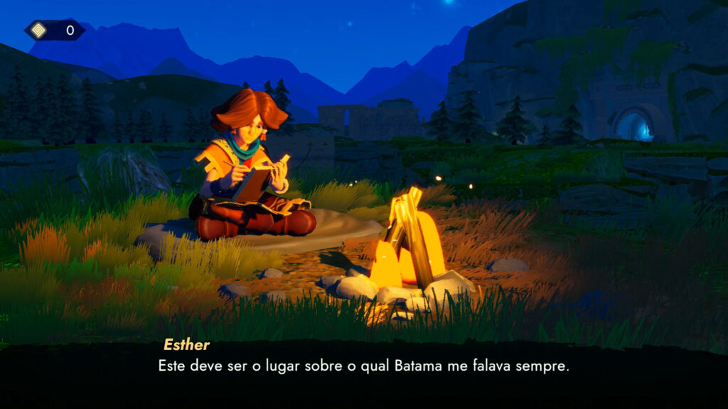 Sonority Esther, a protagonista de Sonority, sentada ao lado de uma fogueira e escrevendo em seu diário no começo do jogo.