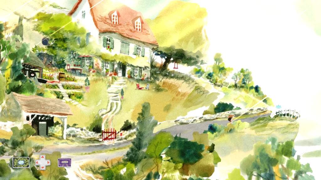 Dordogne A imagem mostra uma aquarela de uma casa no alto de uma colina no interior do sudoeste da França. A casa é branca com um telhado vermelho e a vegetação verde predomina na composição.