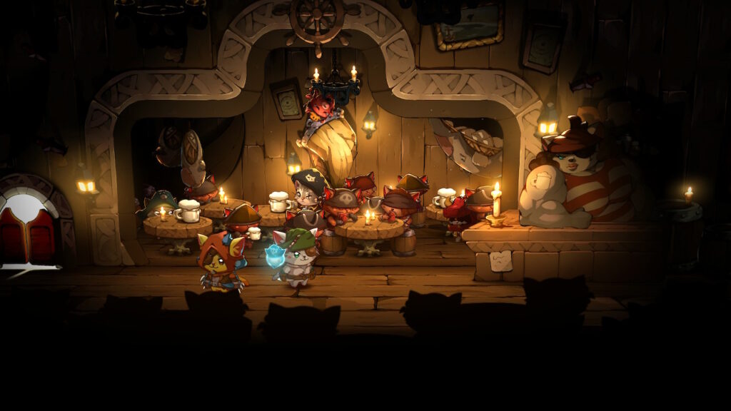 Cat quest iii A taberna da Dona Galacta é um ponto de referência para caçadores de recompensas.(Imagem: Reprodução, Nintendo Switch na doca)